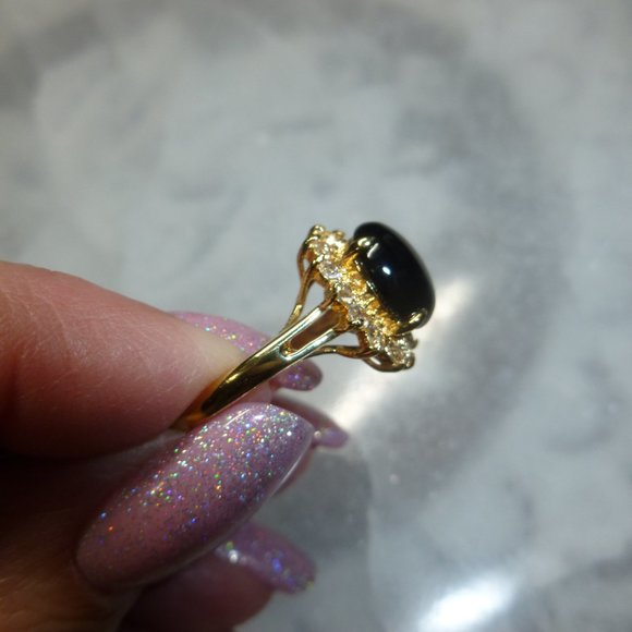18k Yellow Gold EP Onyx Halo Swarovski Crystal Dolphin Ore Ring - Picture 4 of 11